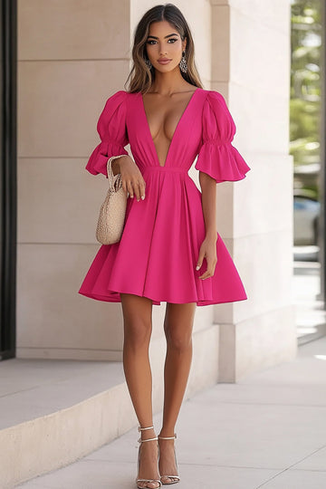 Fuchsia V Neck Half Sleeves Short Cocktail Dress